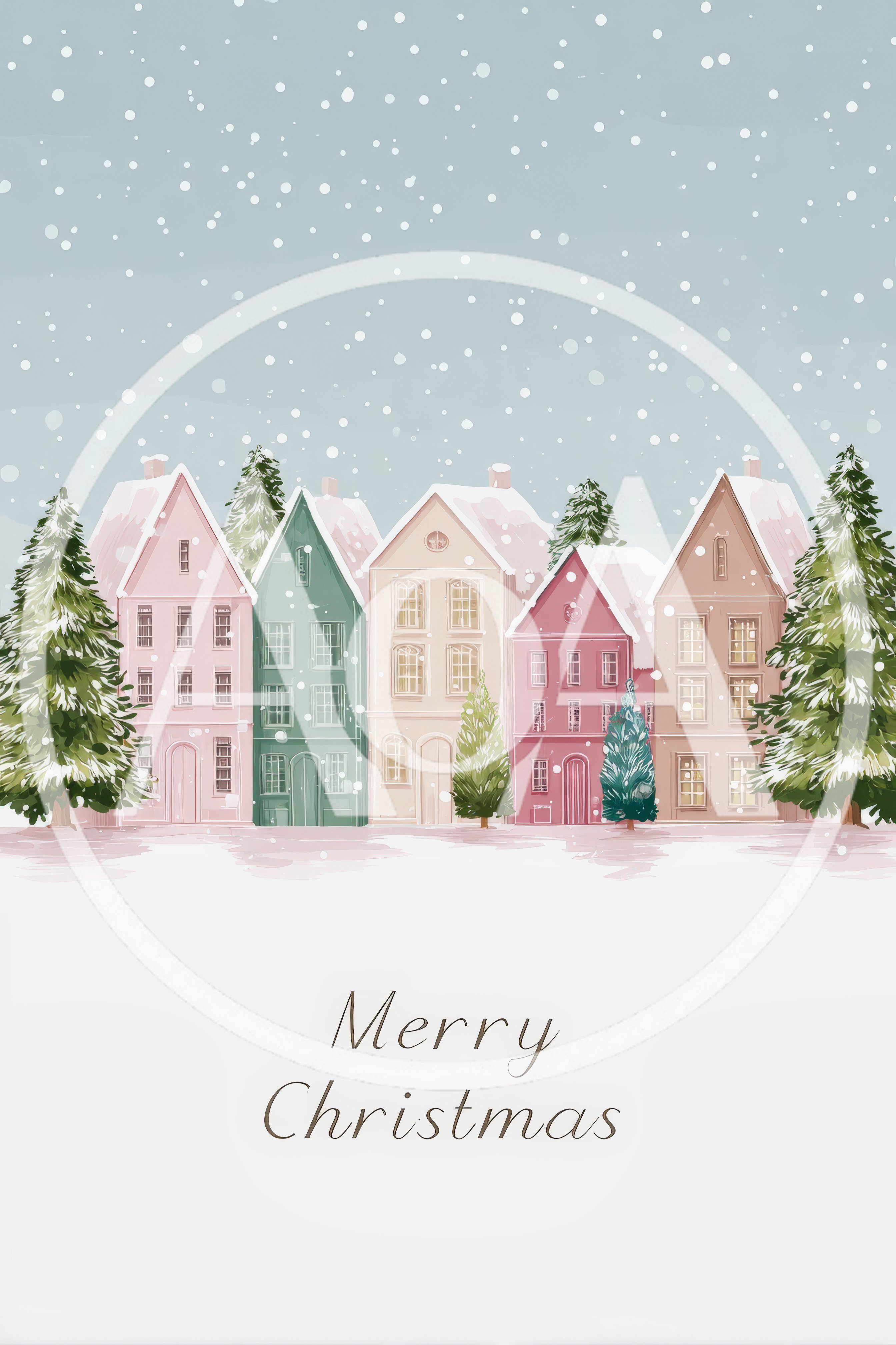 Watercolor Christmas Village Illustration With Snowing Sky