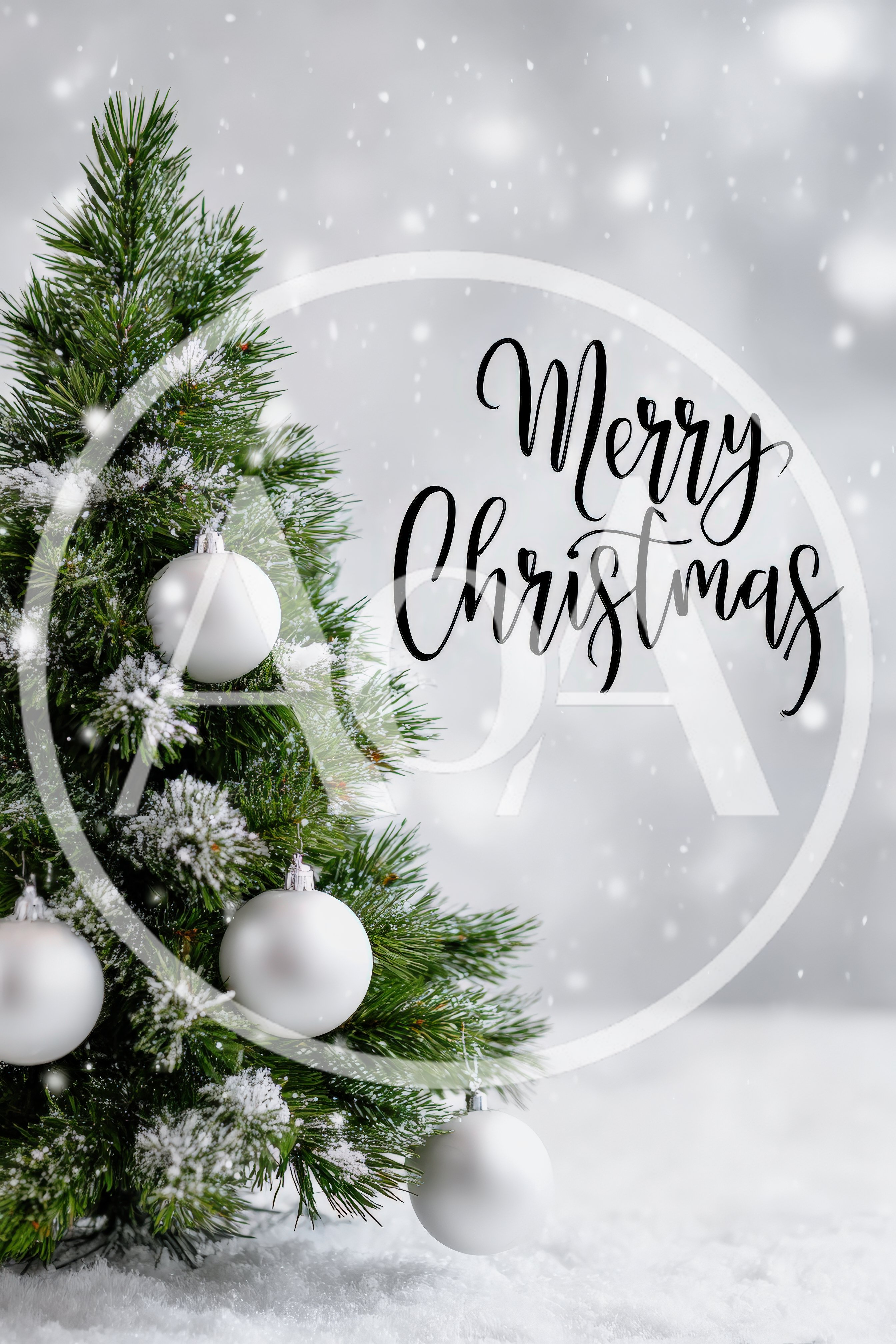 Christmas Tree With White Ornaments And Snow