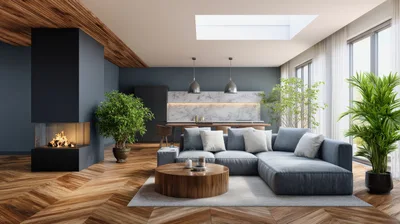 Modern Open Concept Living Room With Fireplace
