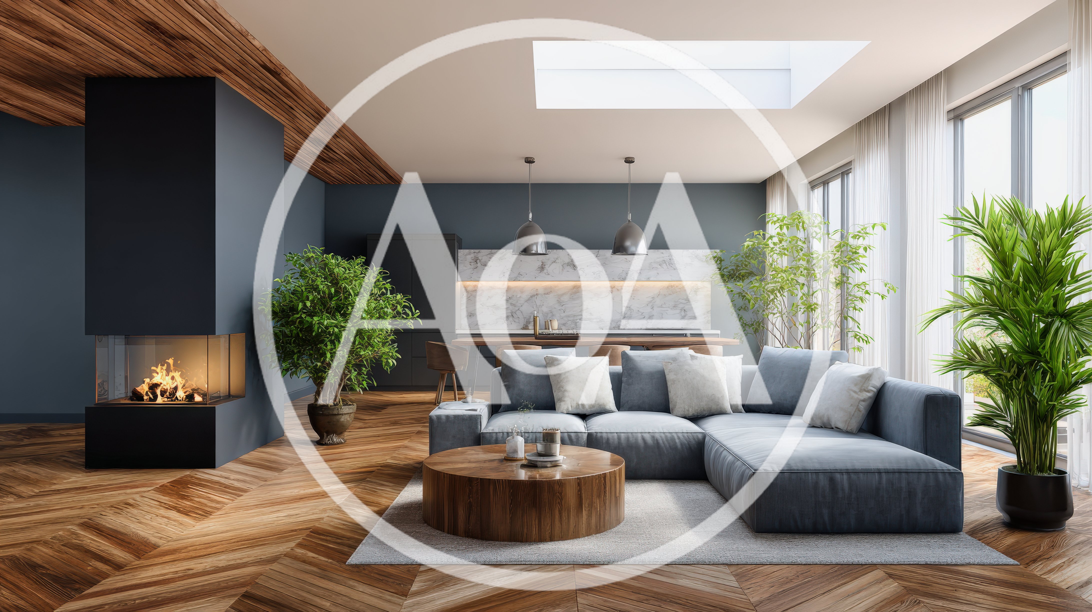 Modern Open Concept Living Room With Fireplace