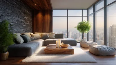 Modern Luxury Living Room With City Skyline View