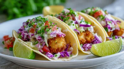 Three Crispy Fried Fish Tacos With Fresh Toppings