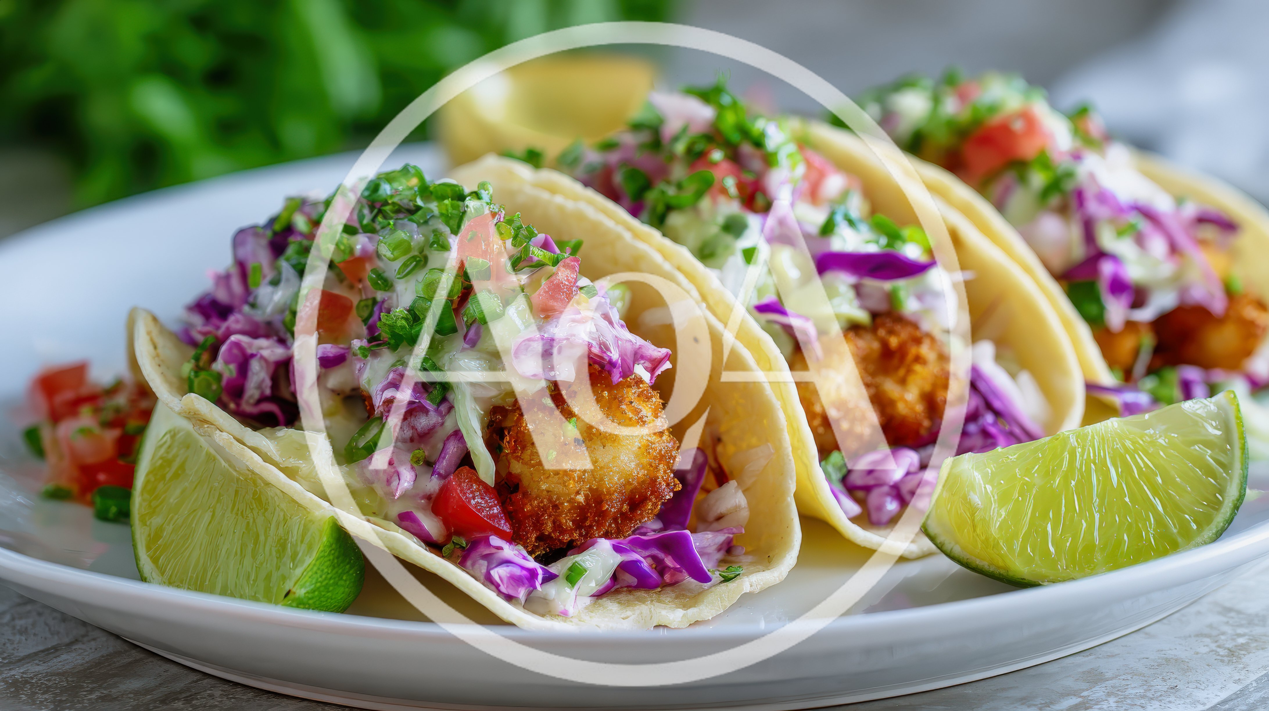 Three Crispy Fried Fish Tacos With Fresh Toppings