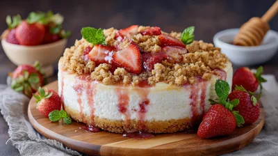 Strawberry Cheesecake With Crumble Topping On Wooden Board