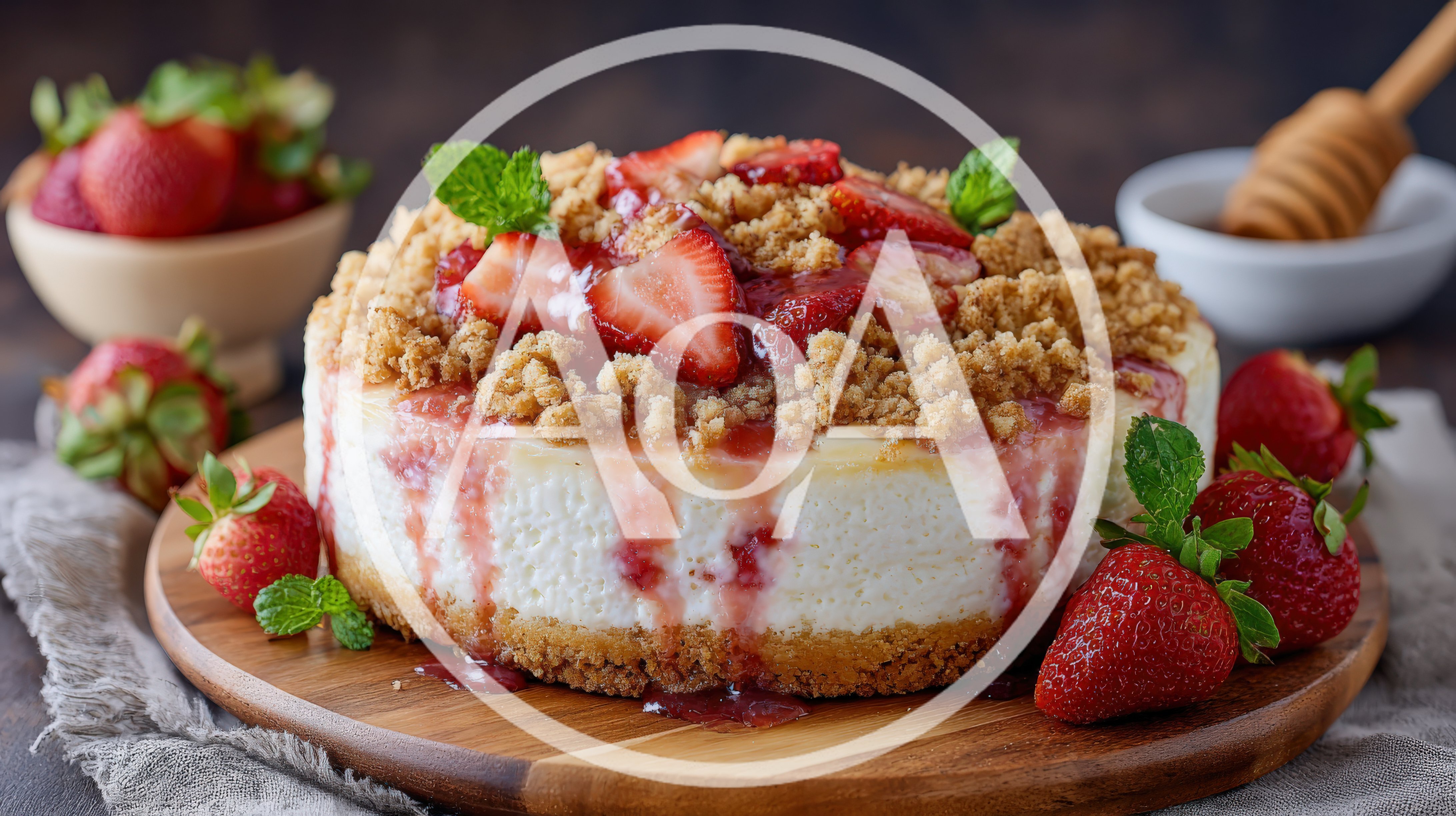 Strawberry Cheesecake With Crumble Topping On Wooden Board