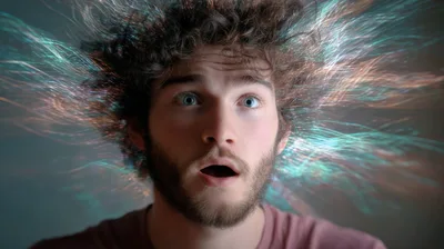 Surprised Young Man With Glowing Energy Radiating From Hair