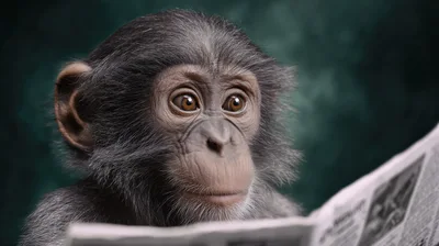 Young Chimpanzee Reading A Newspaper
