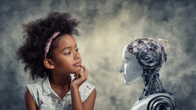 Young Girl Looking Thoughtfully At Advanced Humanoid Robot