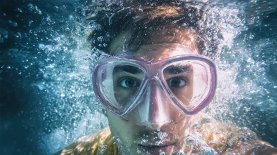 Young Man Swimming Underwater Wearing Snorkeling Mask