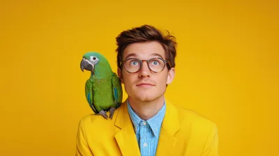 Young Man With A Green Parrot On His Shoulder