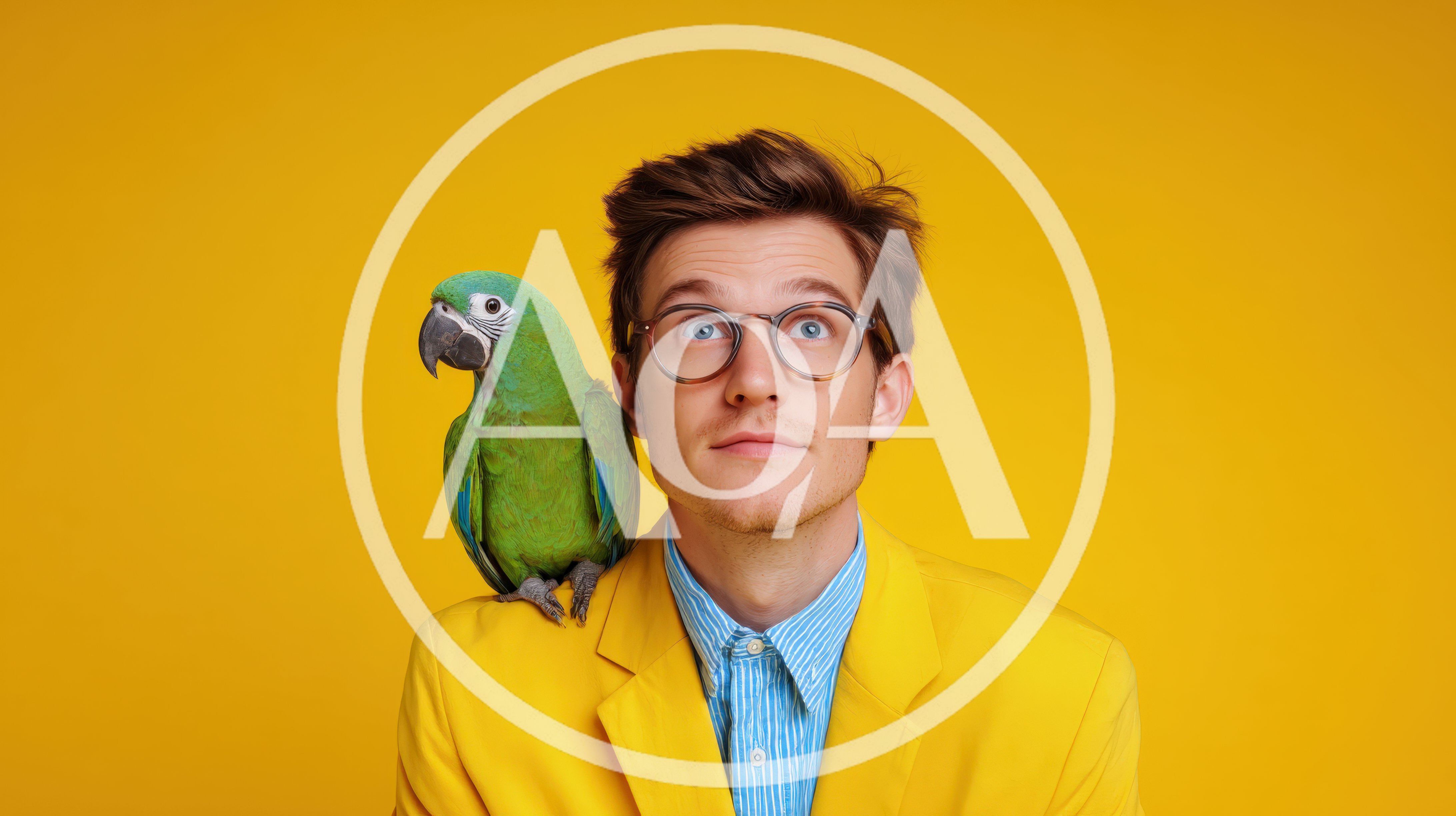 Young Man With A Green Parrot On His Shoulder