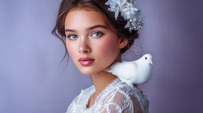 Portrait Of A Beautiful Bride With A White Dove