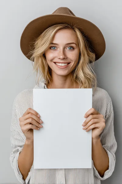 Smiling Woman Holding Blank White Paper