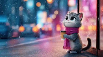 Cute Cartoon Cat Holding Coffee Cup In Rain