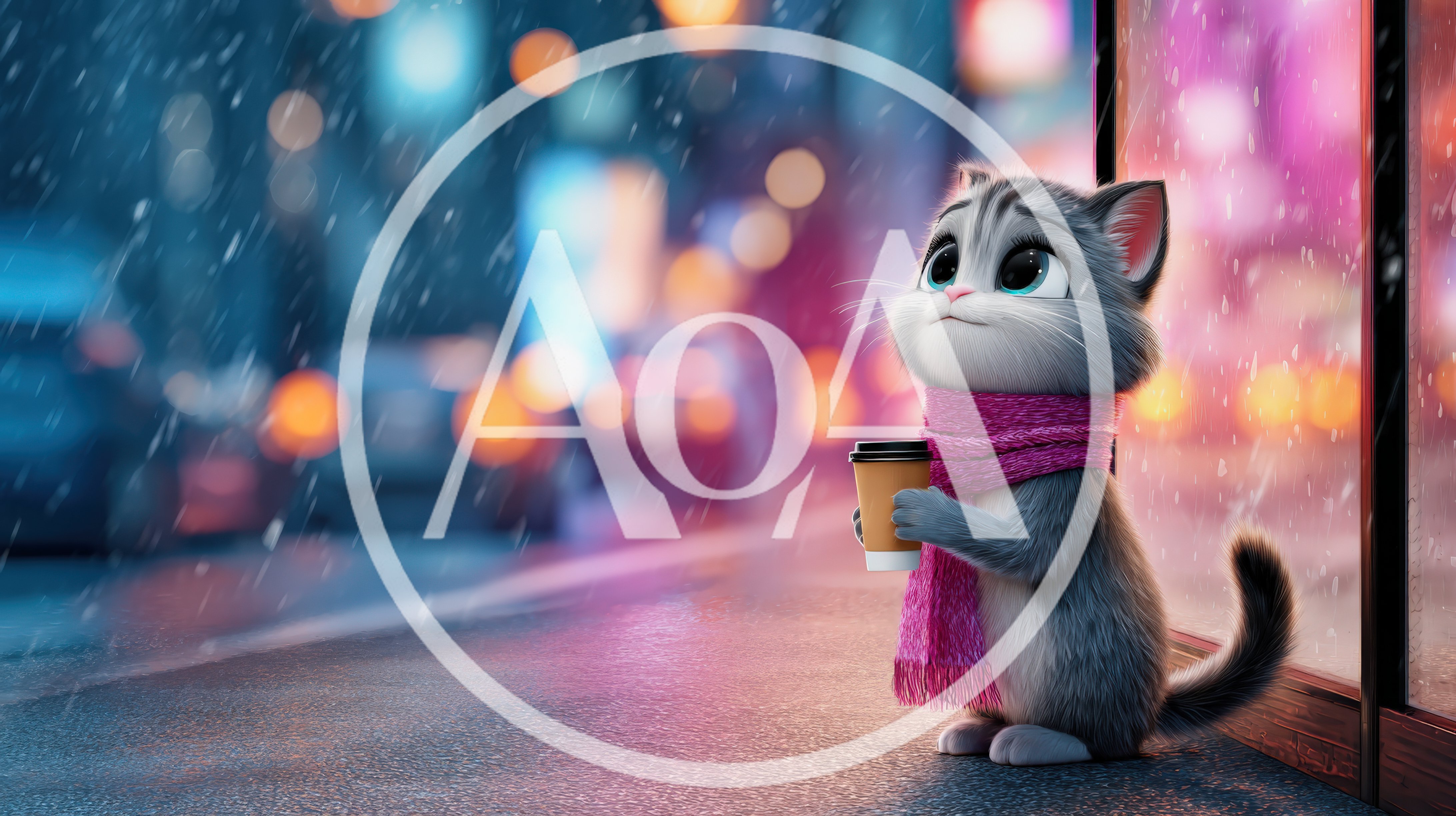 Cute Cartoon Cat Holding Coffee Cup In Rain