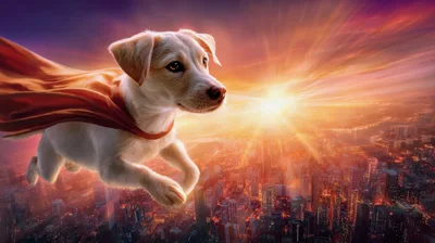 Super Hero Dog Flying Over A City At Sunset