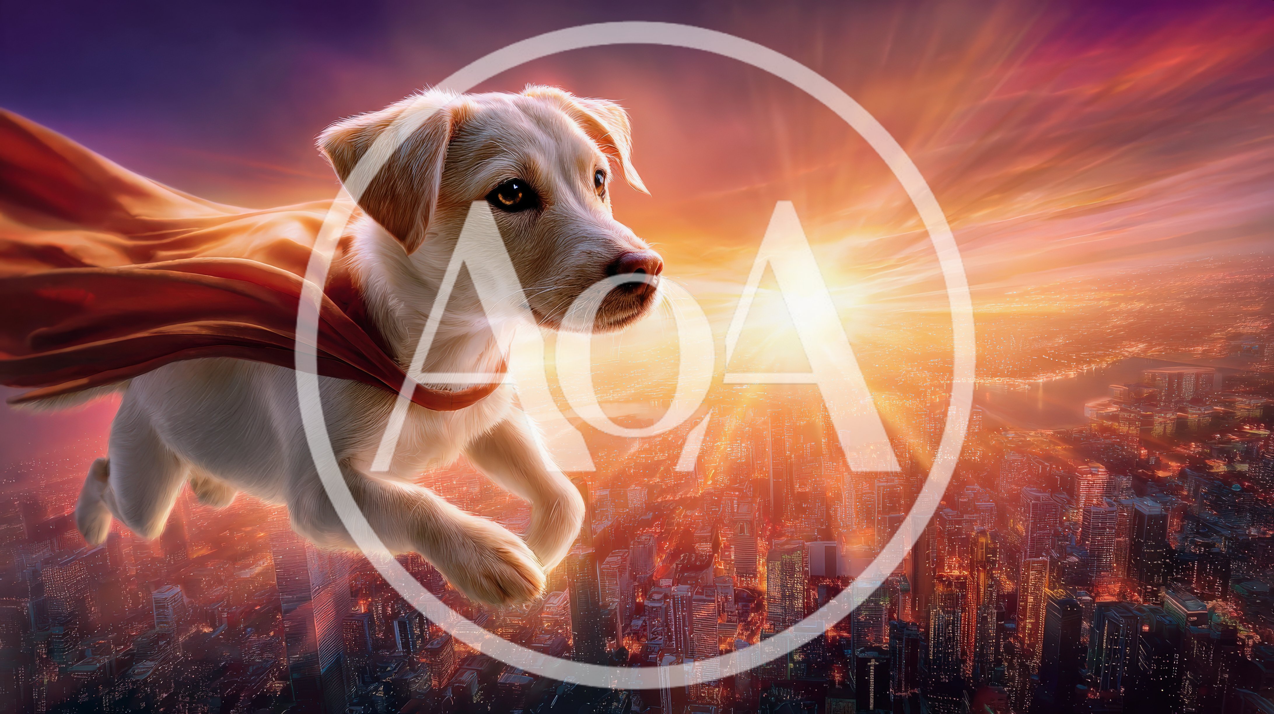Super Hero Dog Flying Over A City At Sunset