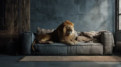 Majestic Lion Resting On A Modern Grey Sofa