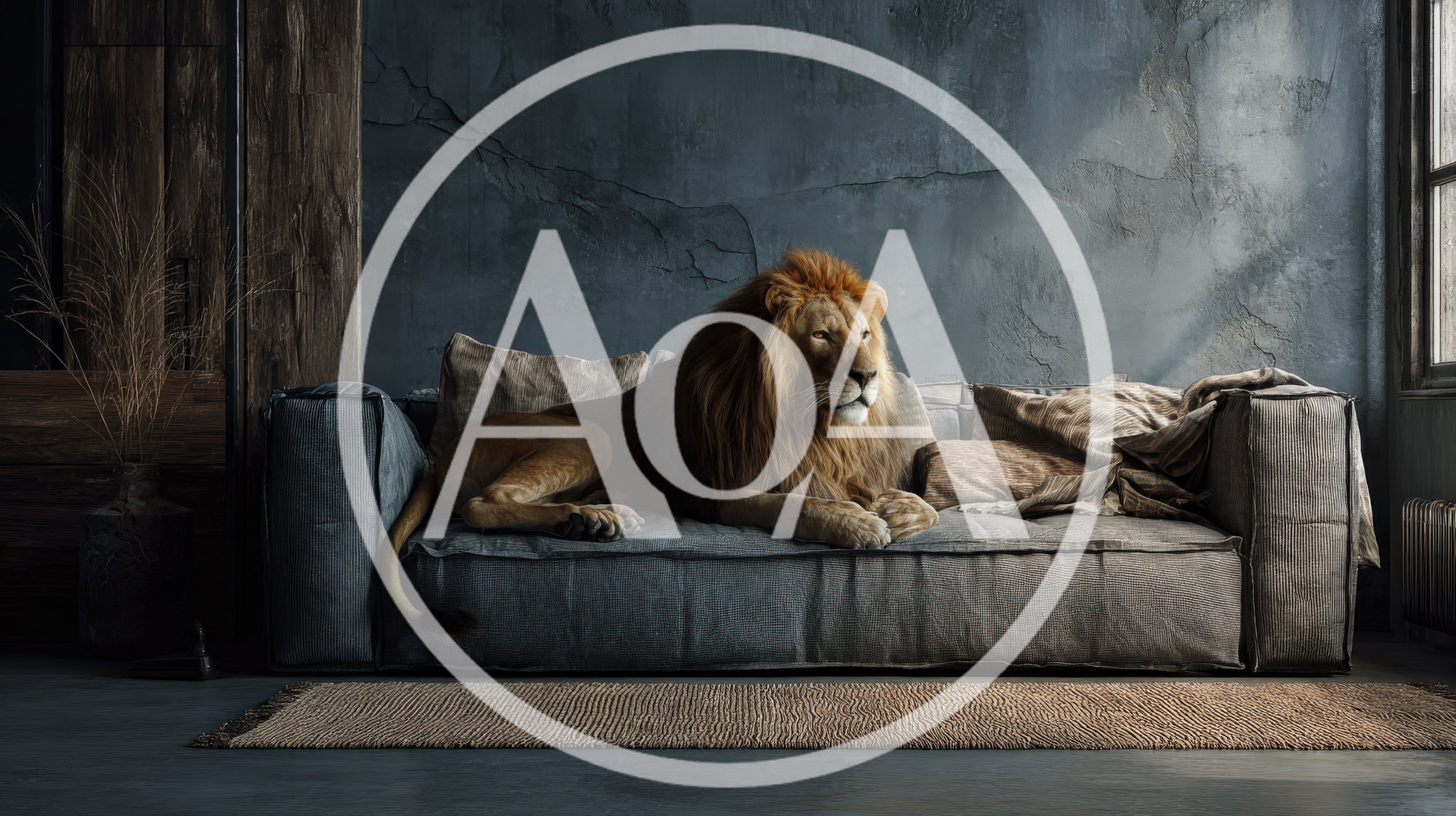 Majestic Lion Resting On A Modern Grey Sofa