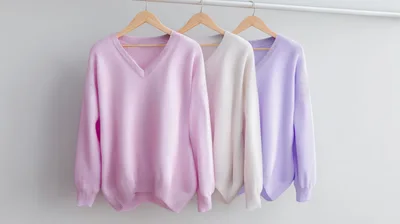 Three Pastel V-Neck Sweaters Hanging On Wooden Hangers