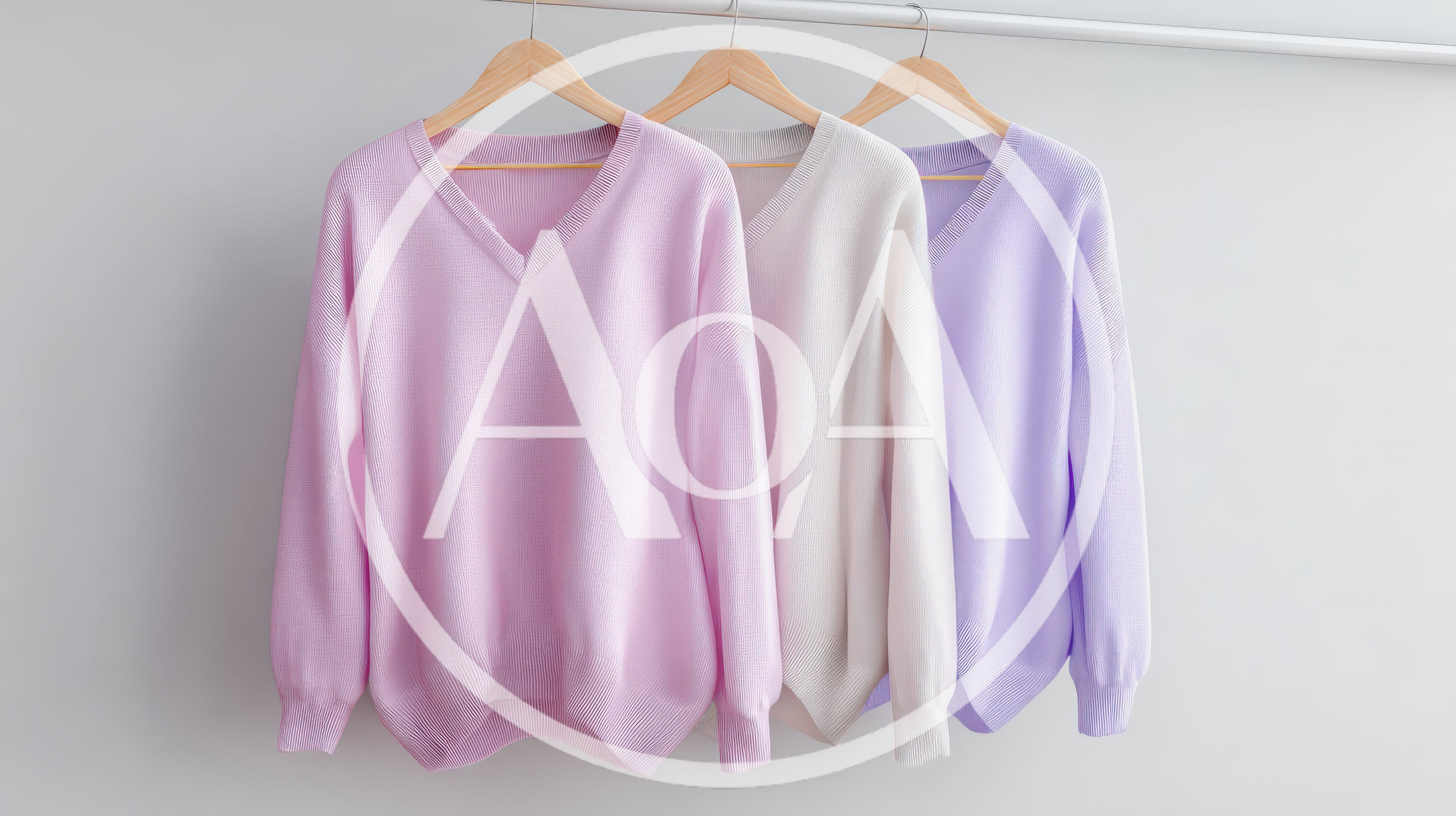 Three Pastel V-Neck Sweaters Hanging On Wooden Hangers