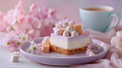 A Piece Of Creamy Cheesecake With Marshmallows And Flowers
