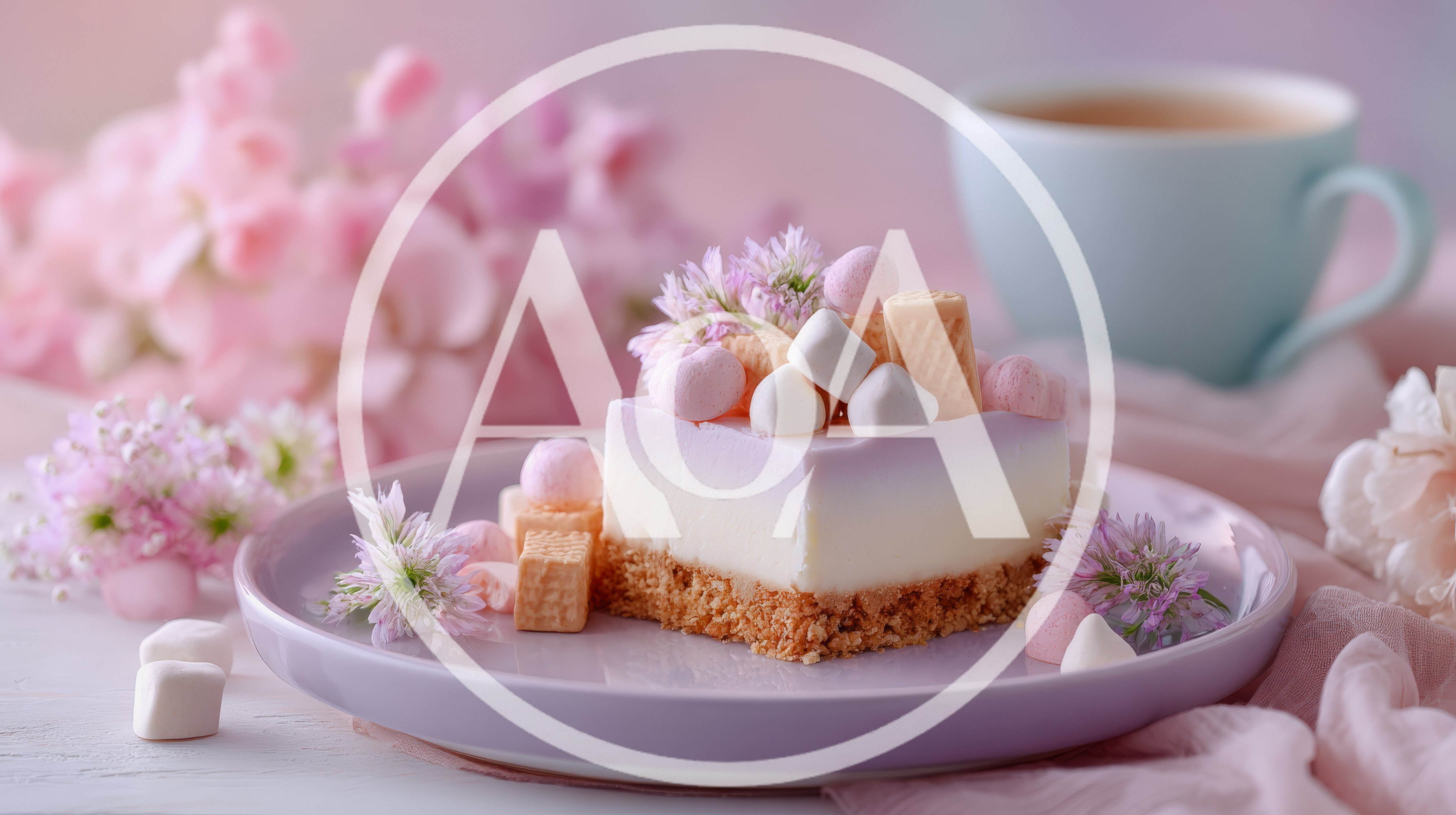 A Piece Of Creamy Cheesecake With Marshmallows And Flowers