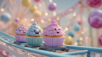 Cute Anthropomorphic Cupcakes Riding A Roller Coaster