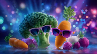Anthropomorphic Broccoli And Carrot Wearing Sunglasses