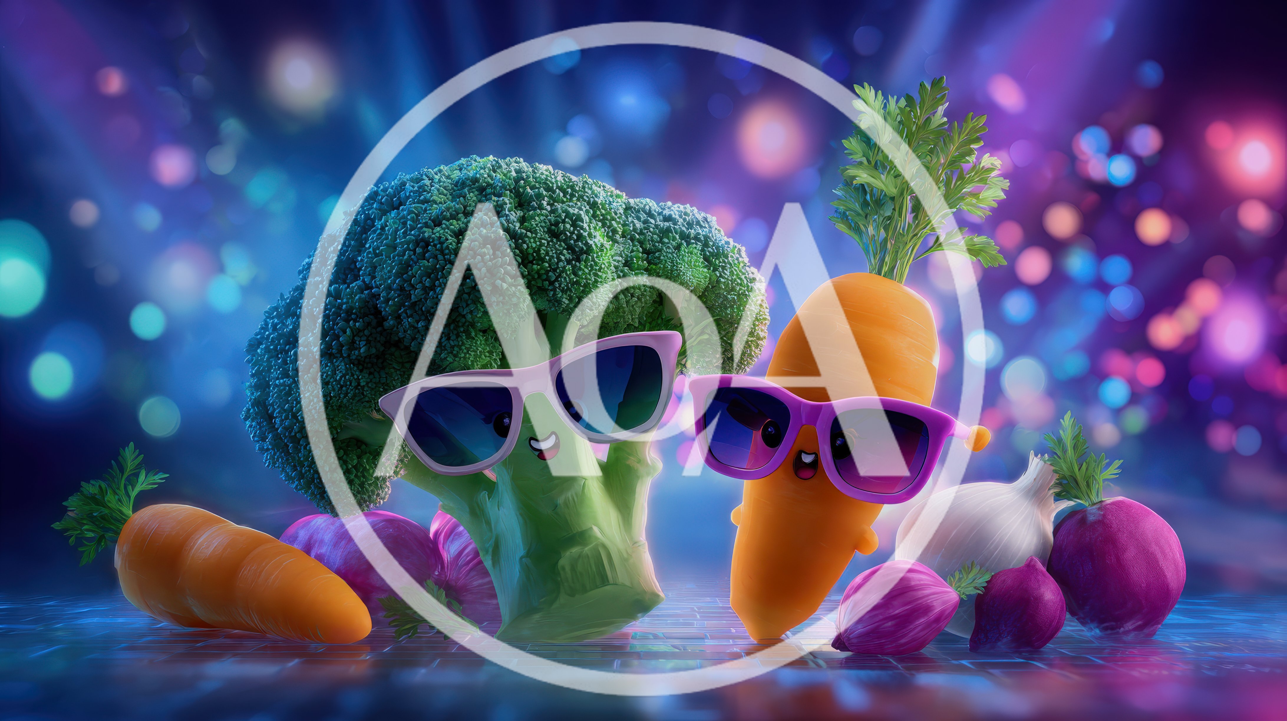 Anthropomorphic Broccoli And Carrot Wearing Sunglasses