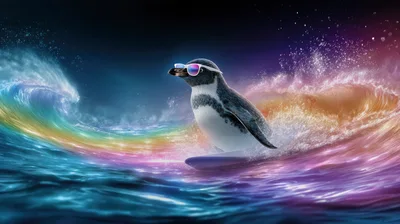 Surfing Penguin Wearing Sunglasses On A Rainbow Wave