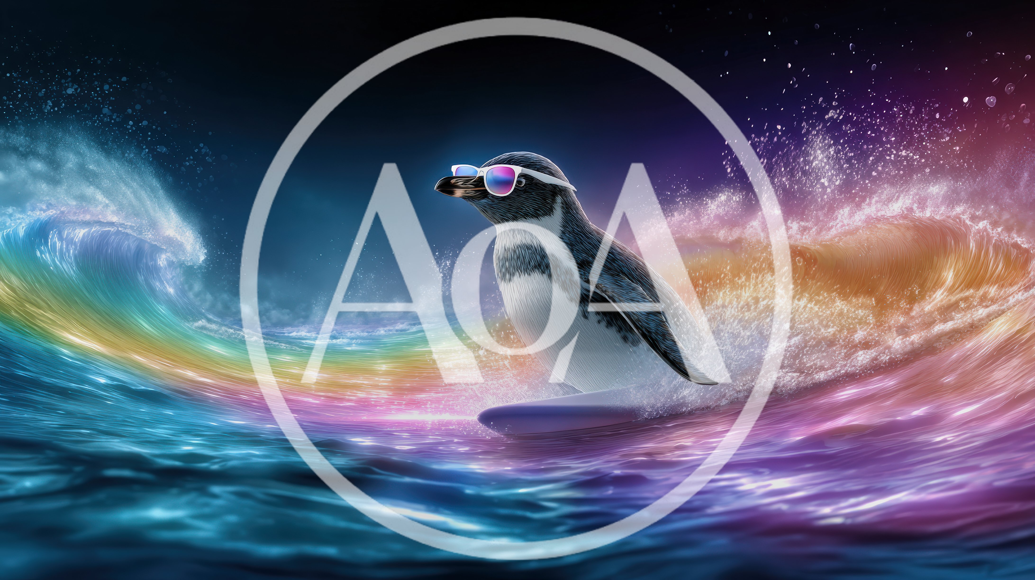 Surfing Penguin Wearing Sunglasses On A Rainbow Wave