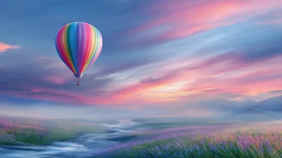 Colorful Hot Air Balloon Floating Over Misty Lavender Fields