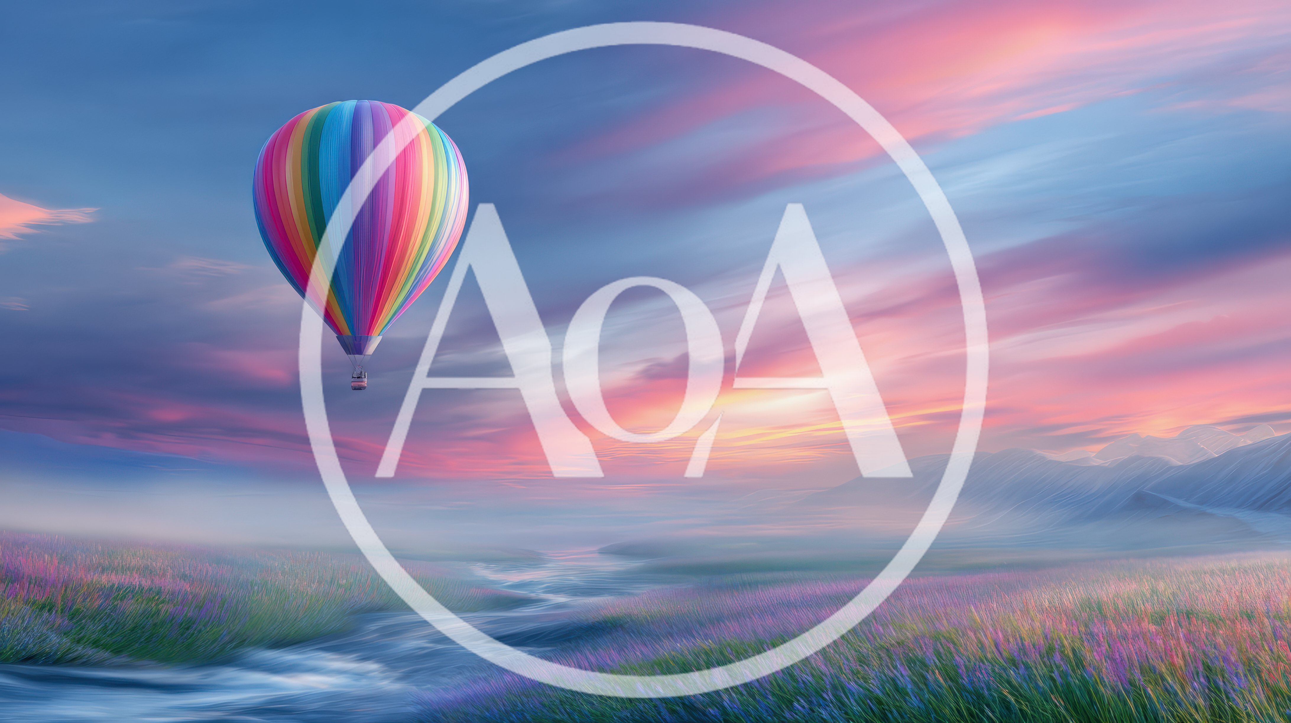 Colorful Hot Air Balloon Floating Over Misty Lavender Fields