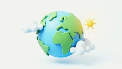 3D Rendered Cartoon Earth Globe With Sun And Clouds
