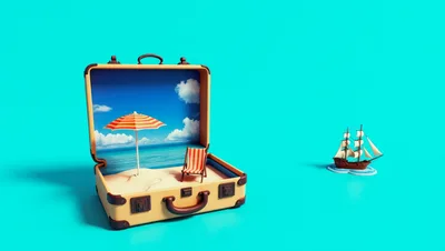 Surreal Suitcase Beach Scene With Miniature Sailing Ship