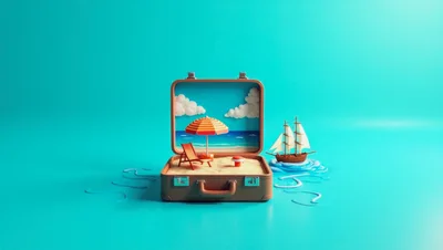 Miniature Beach Scene Inside An Open Suitcase