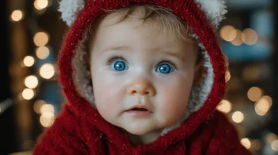 Adorable Baby Wearing A Red Knitted Bear Hood