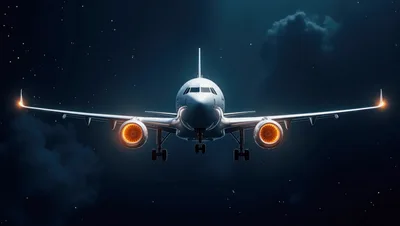 Commercial Airplane Flying Through Night Sky