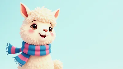 Cute 3D Cartoon Llama Wearing A Striped Scarf