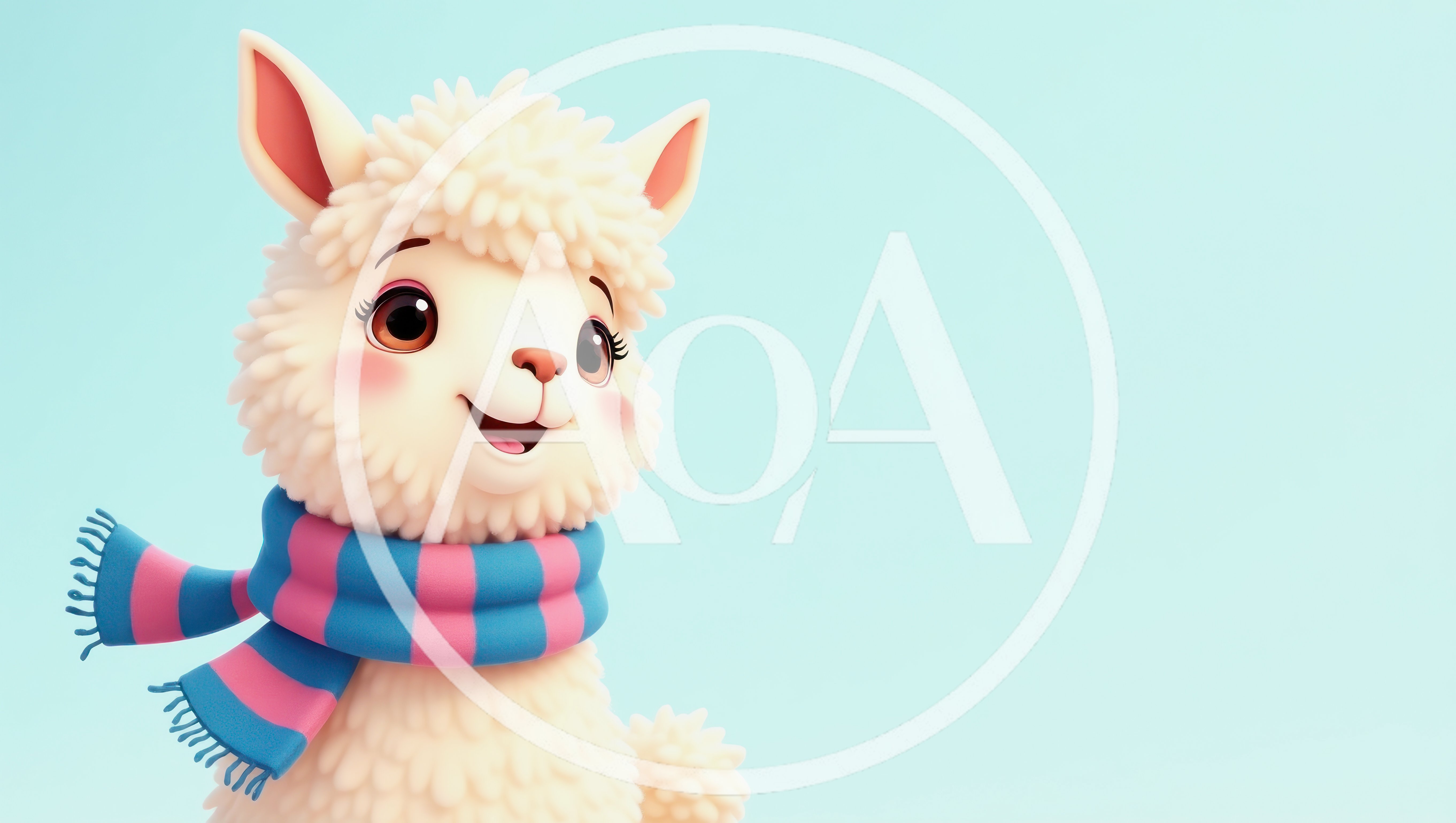 Cute 3D Cartoon Llama Wearing A Striped Scarf