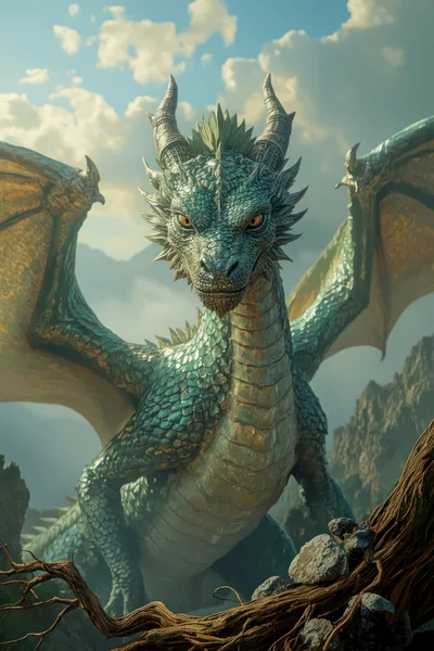 Majestic Green Dragon Perched on Mountain Peak