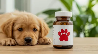 Golden Retriever Puppy Beside A Bottle Of Pet Medicine