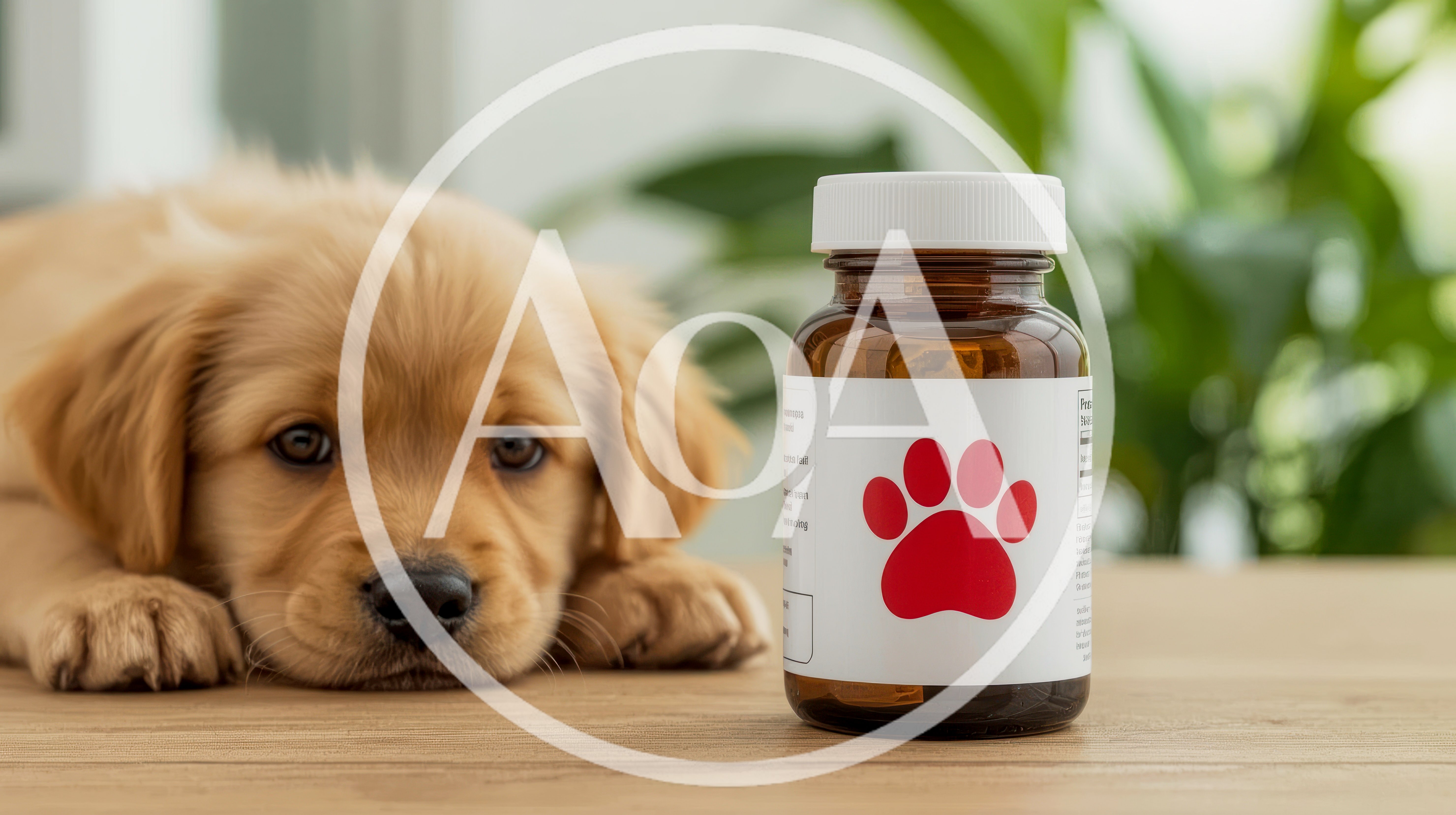 Golden Retriever Puppy Beside A Bottle Of Pet Medicine