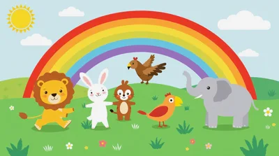 Cute Cartoon Animals Standing Under A Rainbow