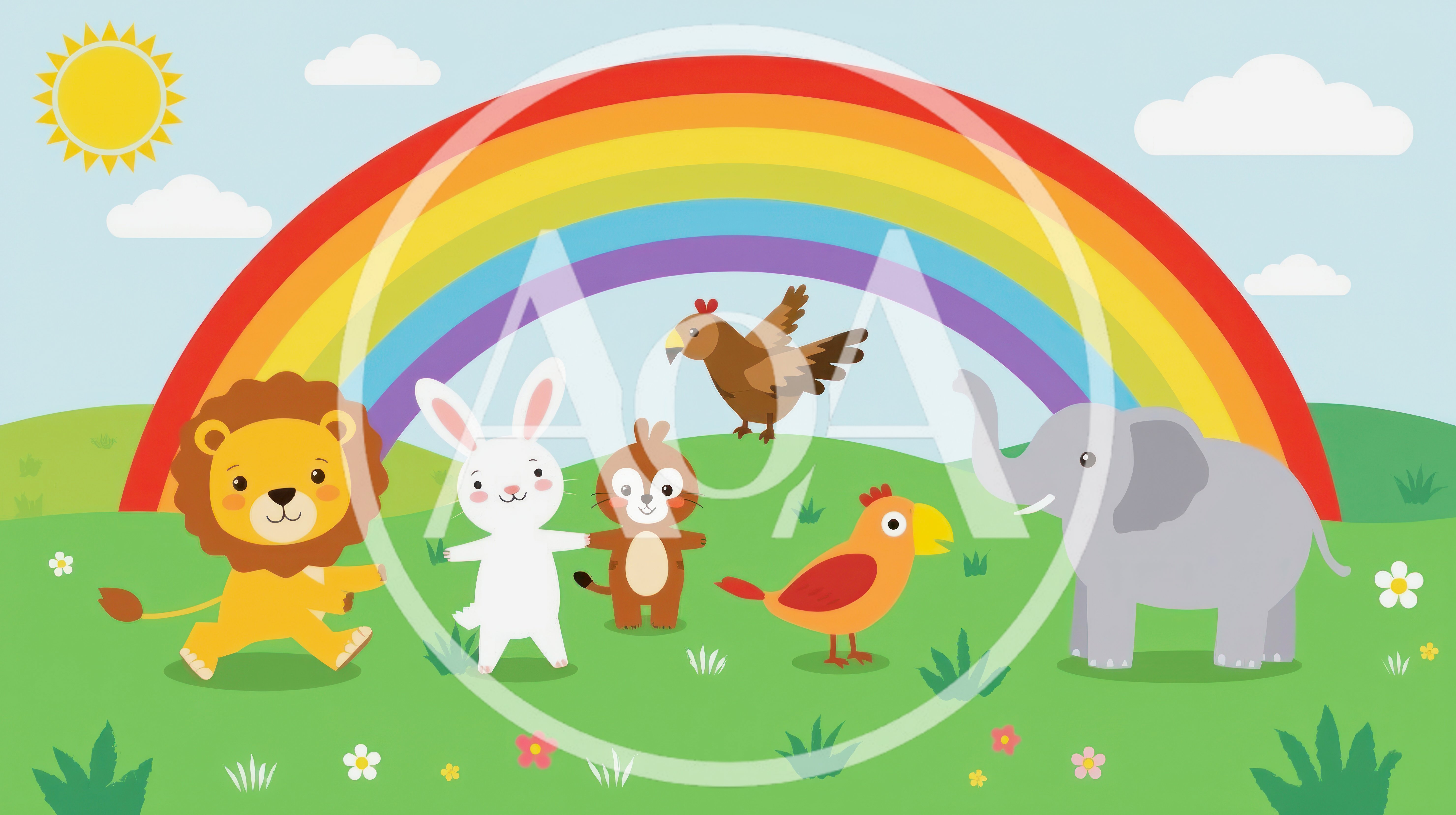 Cute Cartoon Animals Standing Under A Rainbow