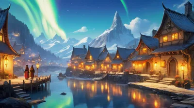 Fantasy Nordic Village Under Aurora Borealis