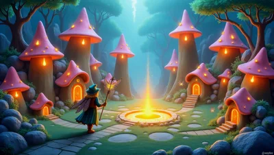 Fairy Standing Before A Glowing Magical Portal In Mushroom Village