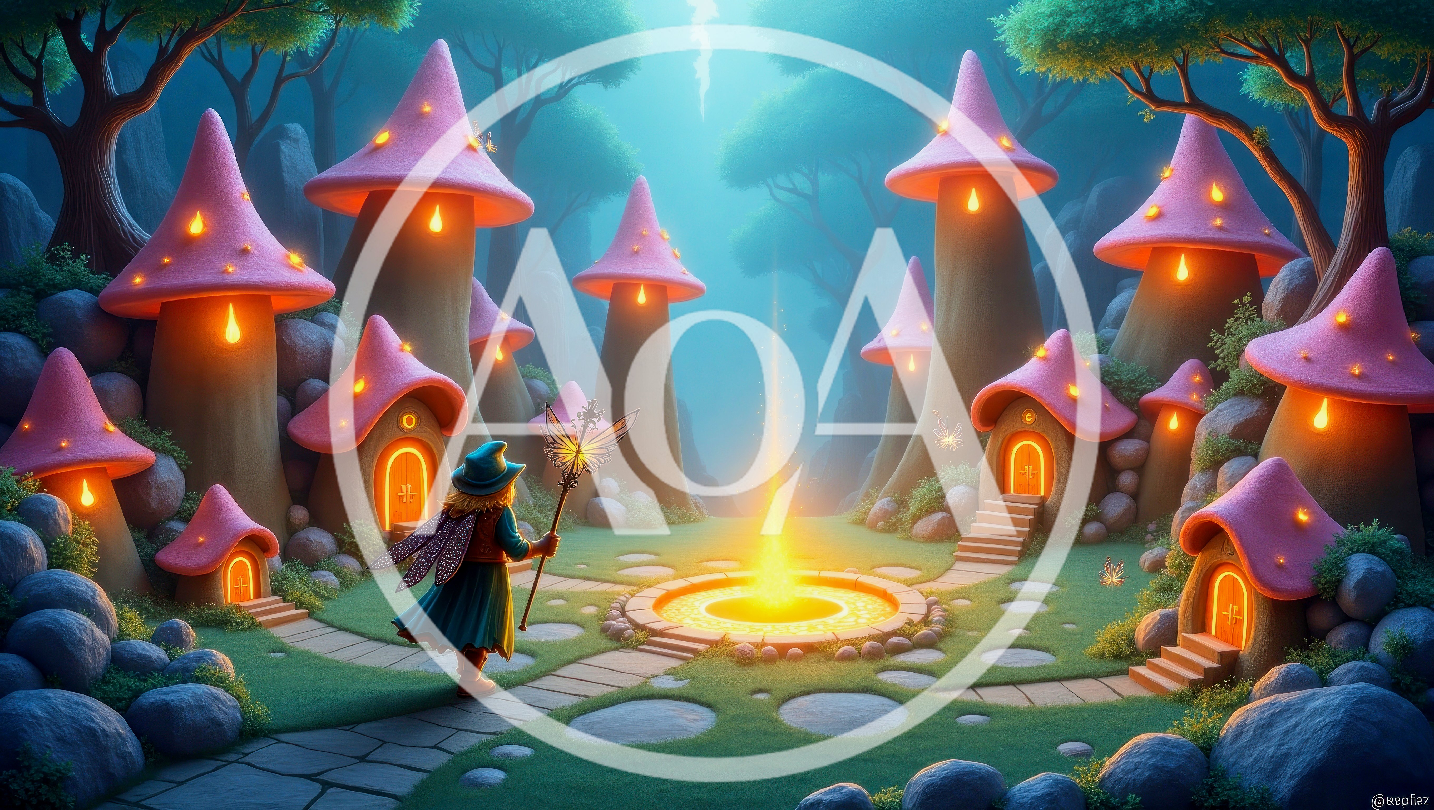 Fairy Standing Before A Glowing Magical Portal In Mushroom Village
