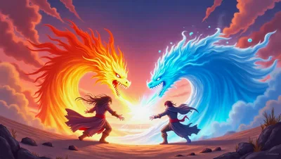 Fantasy Warriors Summoning Fire and Water Elemental Dragons
